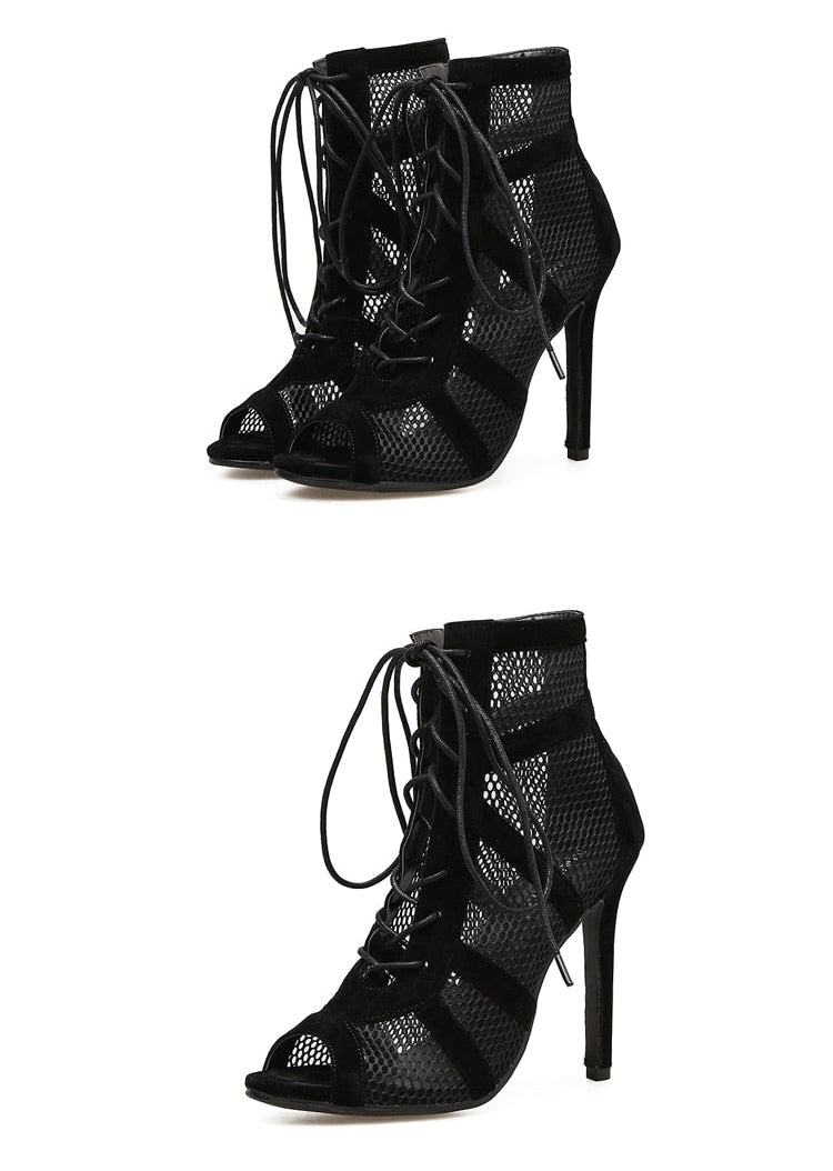 Black Mesh Lace-Up Peep Toe Heels | Cross-Tied Stiletto Ankle Boots