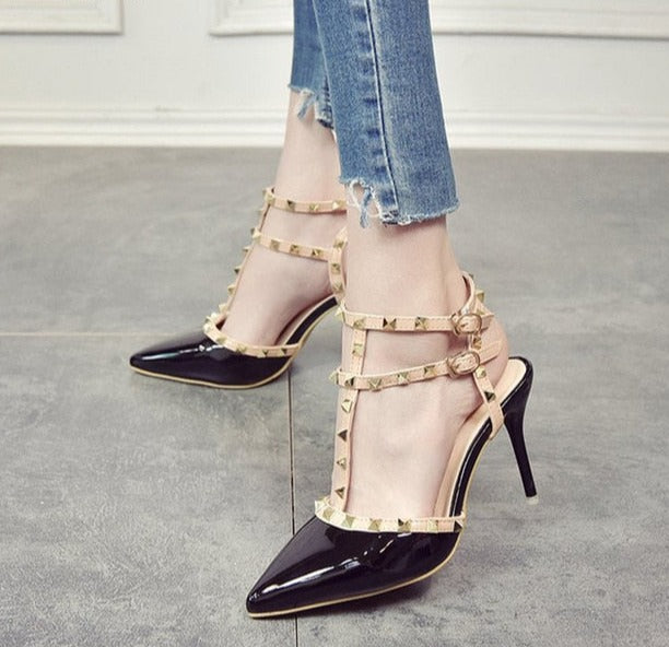 Studded T-Strap Stiletto Heels | Rivet Point Toe Pumps in Beige, Black, Pink & Red