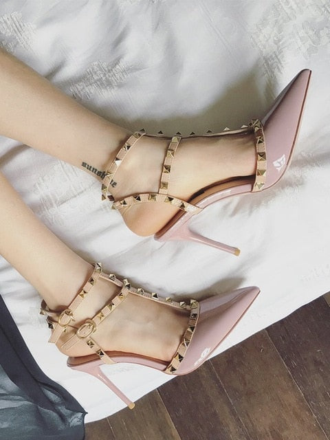 Studded T-Strap Stiletto Heels | Rivet Point Toe Pumps in Beige, Black, Pink & Red