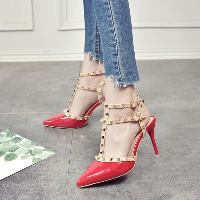 Studded T-Strap Stiletto Heels | Rivet Point Toe Pumps in Beige, Black, Pink & Red