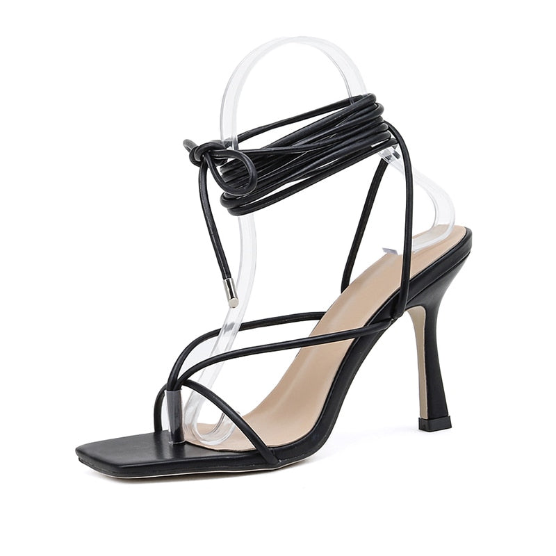 Lace-Up Wrap Stiletto Sandals | Square Toe Cross-Strap Heels