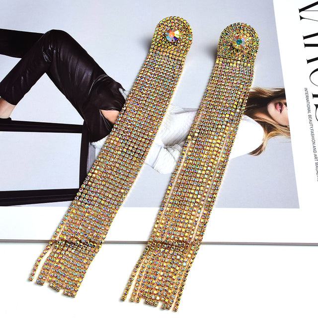 Crystal Curtain Tassel Drop Earrings | Ultra-Long Rhinestone Chain Fringe Earrings