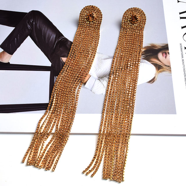 Crystal Curtain Tassel Drop Earrings | Ultra-Long Rhinestone Chain Fringe Earrings