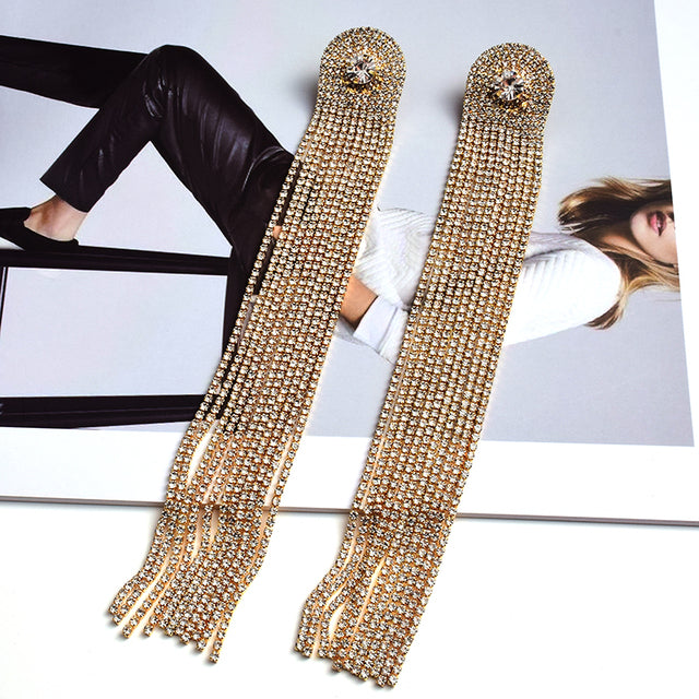 Crystal Curtain Tassel Drop Earrings | Ultra-Long Rhinestone Chain Fringe Earrings