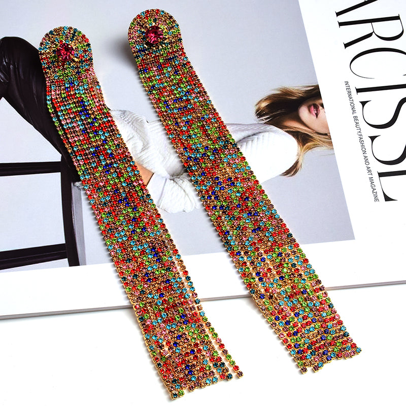 Crystal Curtain Tassel Drop Earrings | Ultra-Long Rhinestone Chain Fringe Earrings