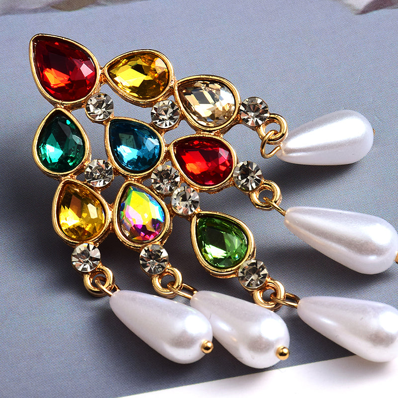 Pearl Dangle Statement Earrings — Rhinestone Irregular Drop