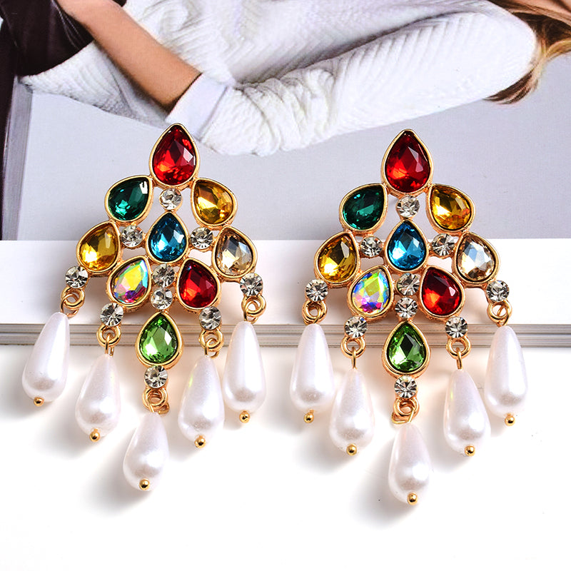 Pearl Dangle Statement Earrings — Rhinestone Irregular Drop