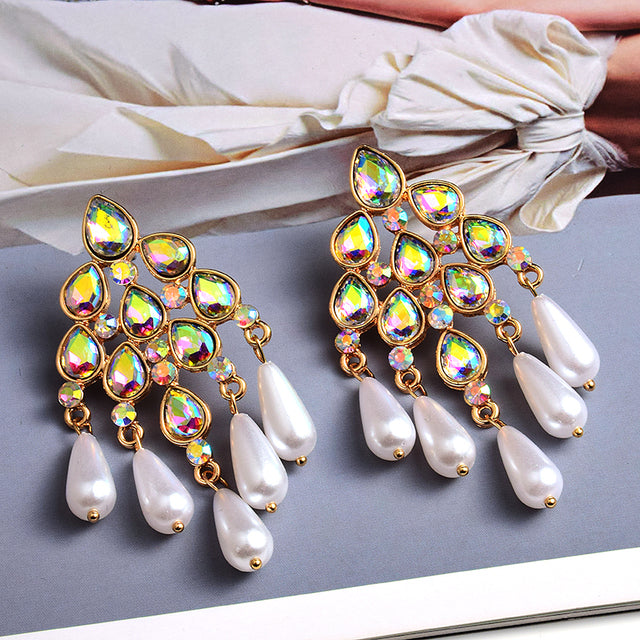 Pearl Dangle Statement Earrings — Rhinestone Irregular Drop