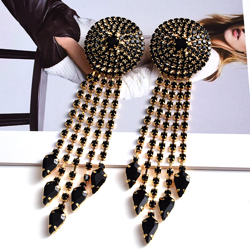 Crystal Disc Tassel Drop Earrings | Rhinestone Round Top with Marquise Fringe