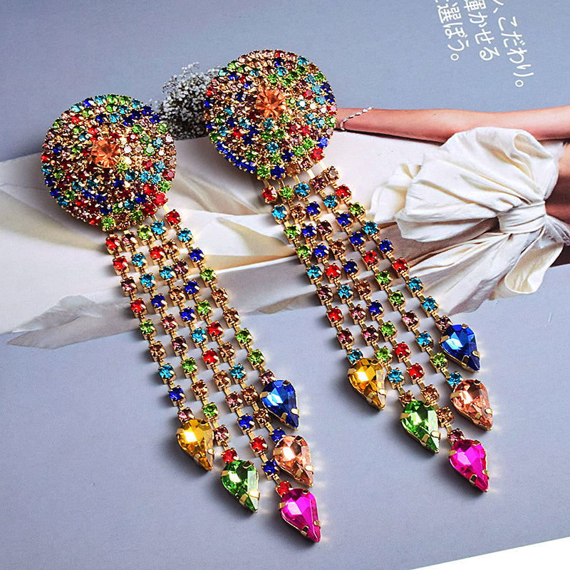 Crystal Disc Tassel Drop Earrings | Rhinestone Round Top with Marquise Fringe