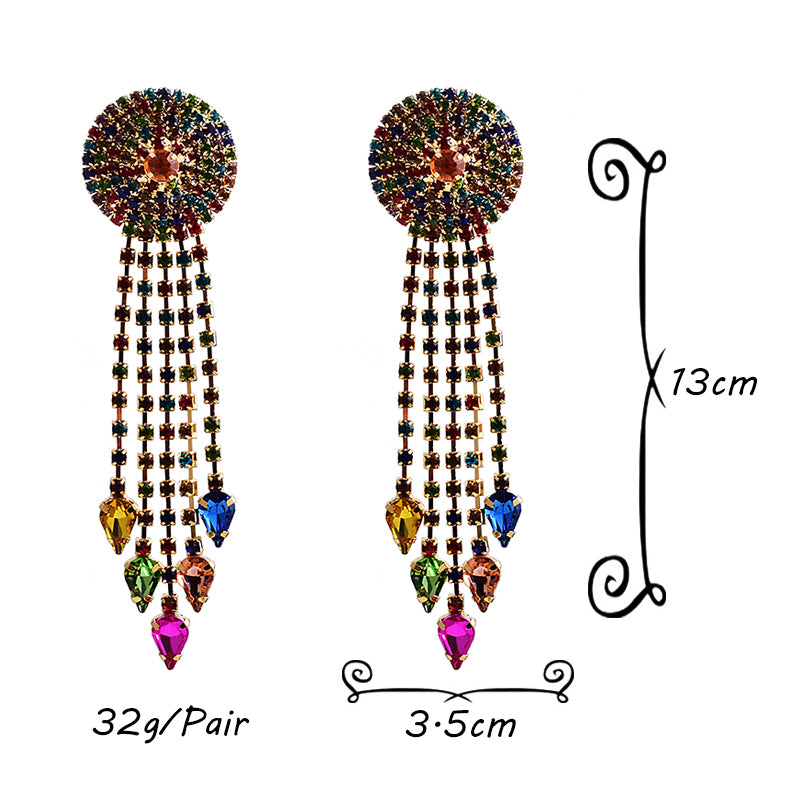Crystal Disc Tassel Drop Earrings | Rhinestone Round Top with Marquise Fringe
