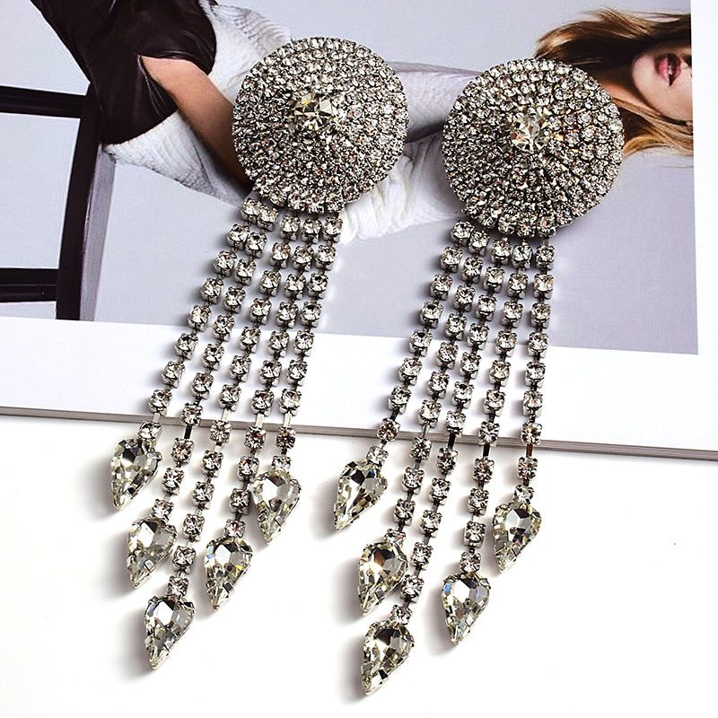 Crystal Disc Tassel Drop Earrings | Rhinestone Round Top with Marquise Fringe