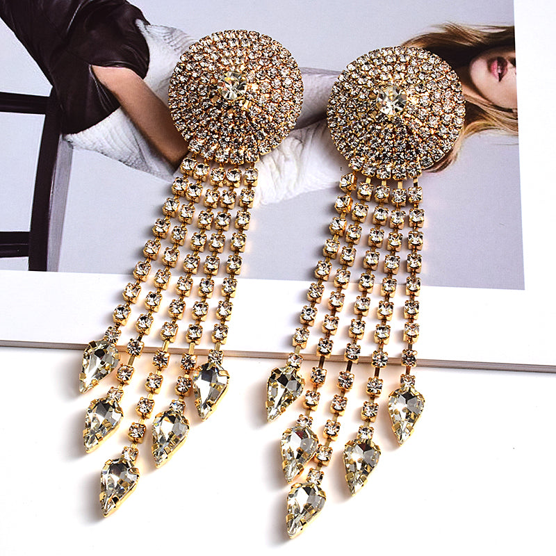 Crystal Disc Tassel Drop Earrings | Rhinestone Round Top with Marquise Fringe