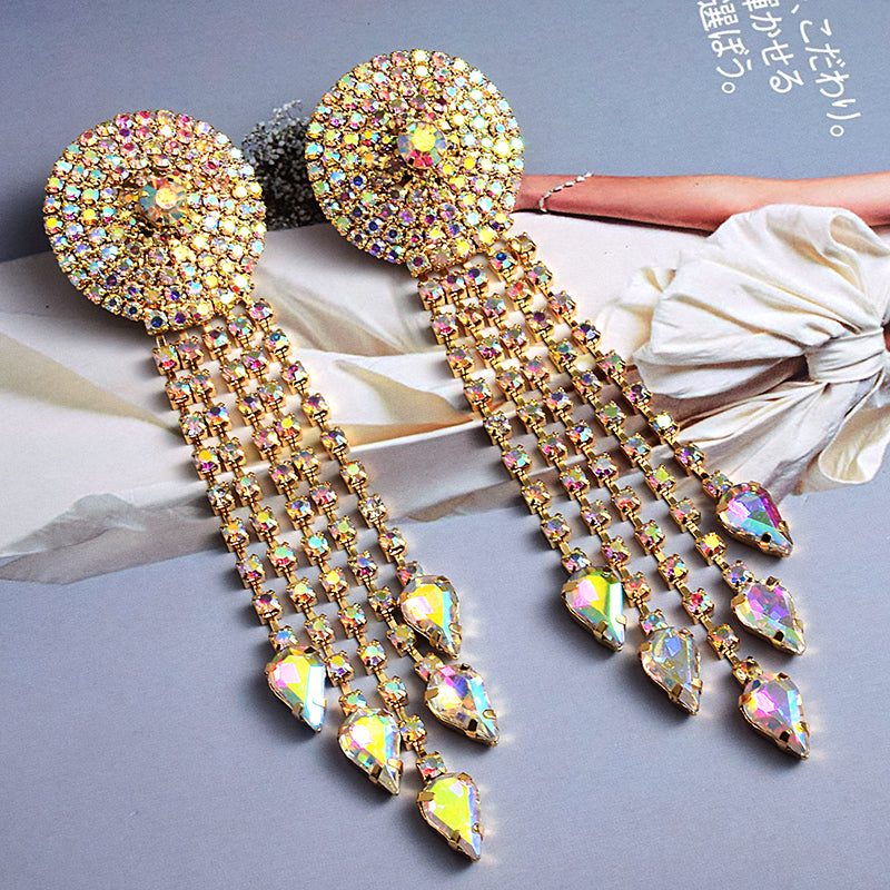 Crystal Disc Tassel Drop Earrings | Rhinestone Round Top with Marquise Fringe