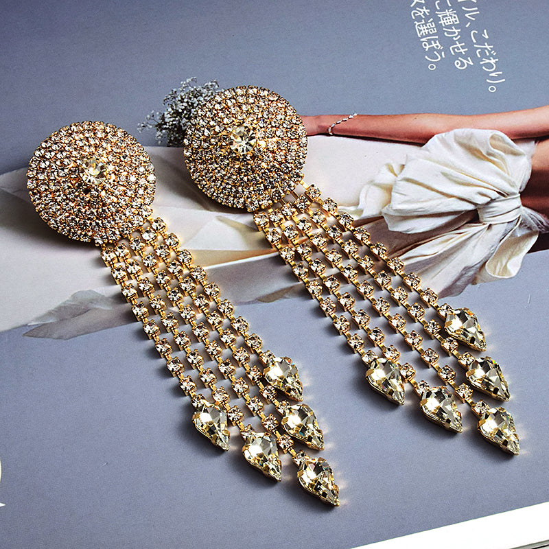 Crystal Disc Tassel Drop Earrings | Rhinestone Round Top with Marquise Fringe