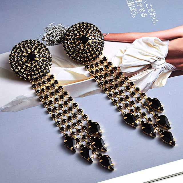 Crystal Disc Tassel Drop Earrings | Rhinestone Round Top with Marquise Fringe