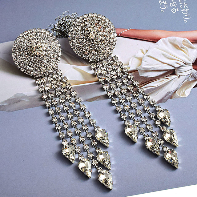Crystal Disc Tassel Drop Earrings | Rhinestone Round Top with Marquise Fringe