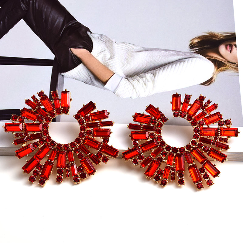 Round Geometric Crystal Statement Earrings