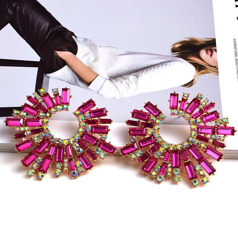 Round Geometric Crystal Statement Earrings