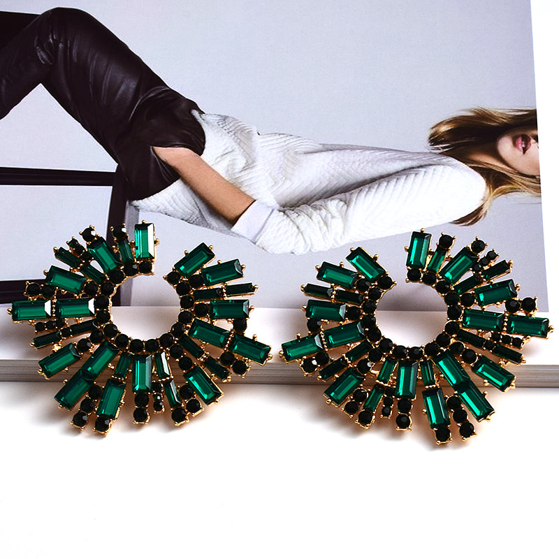 Round Geometric Crystal Statement Earrings