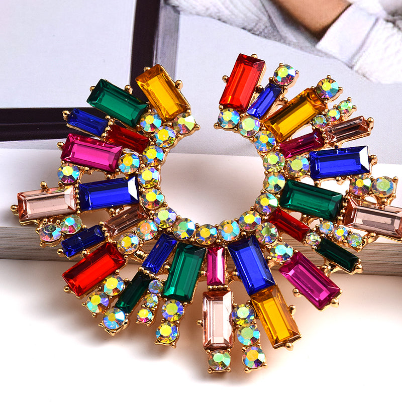 Round Geometric Crystal Statement Earrings