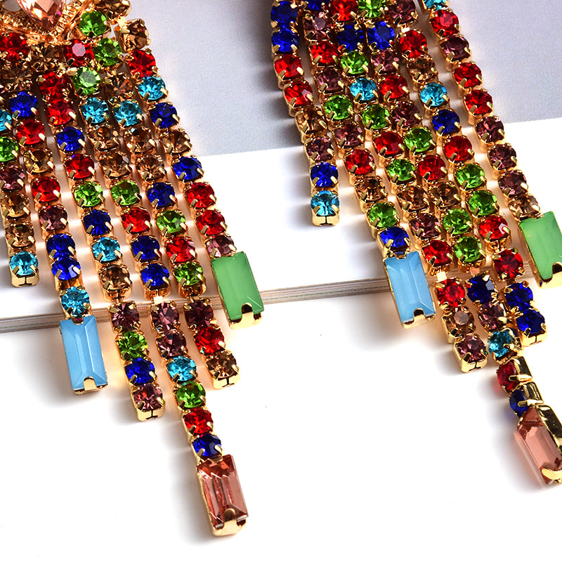 Crystal Heart Tassel Fringe Drop Earrings | Statement Rhinestone Chain Earrings
