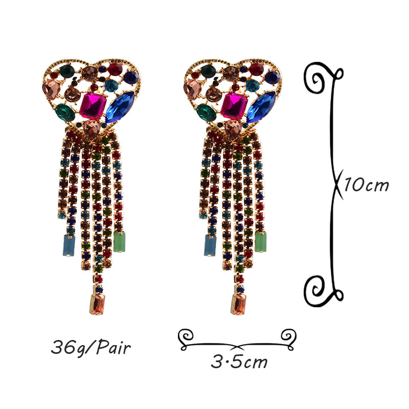 Crystal Heart Tassel Fringe Drop Earrings | Statement Rhinestone Chain Earrings
