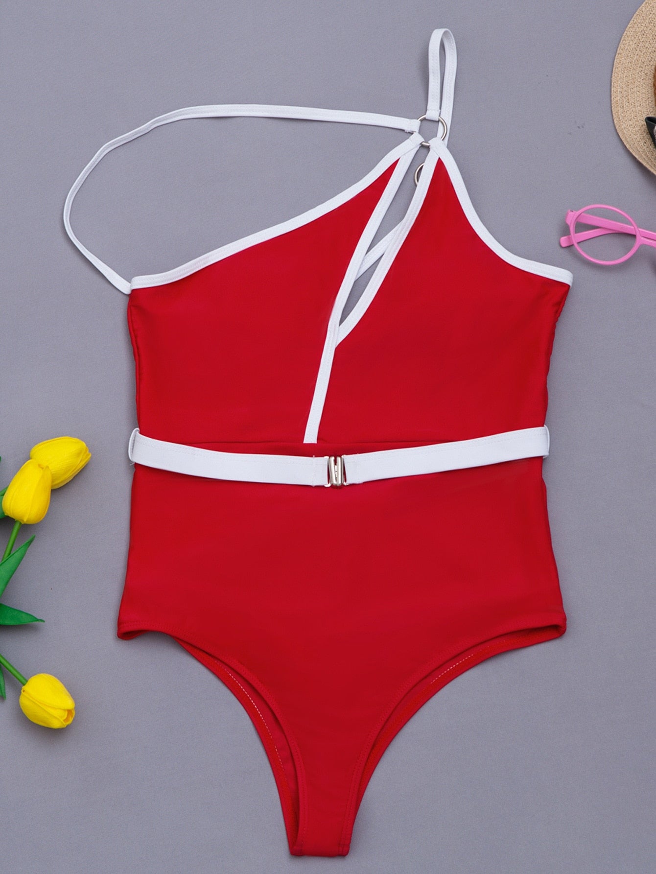 One-Shoulder Cutout One-Piece Swimsuit | Contrast Strap Backless Swimwear