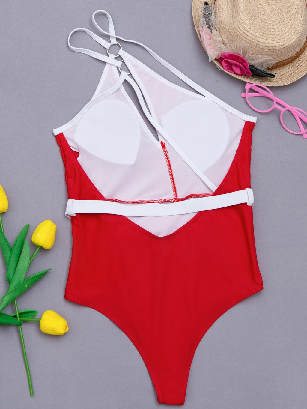One-Shoulder Cutout One-Piece Swimsuit | Contrast Strap Backless Swimwear