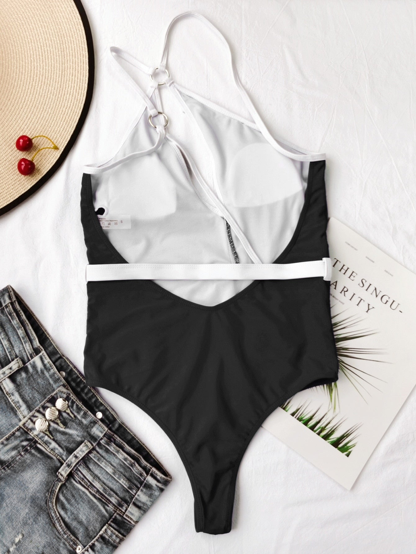 One-Shoulder Cutout One-Piece Swimsuit | Contrast Strap Backless Swimwear