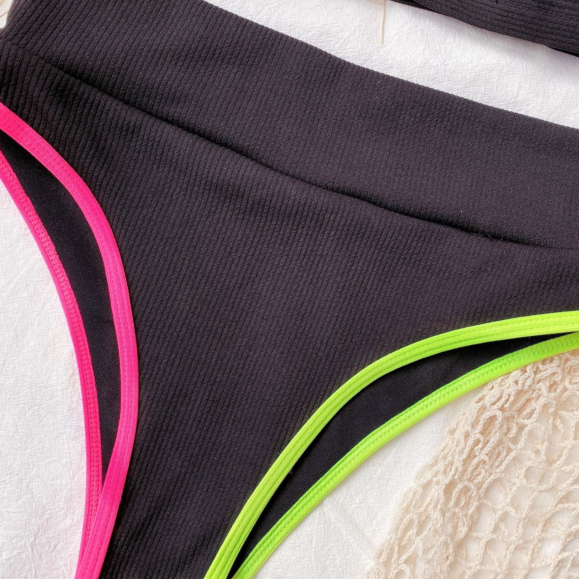 Ribbed High Waist Bikini Set | Neon Contrast Trim Triangle Top