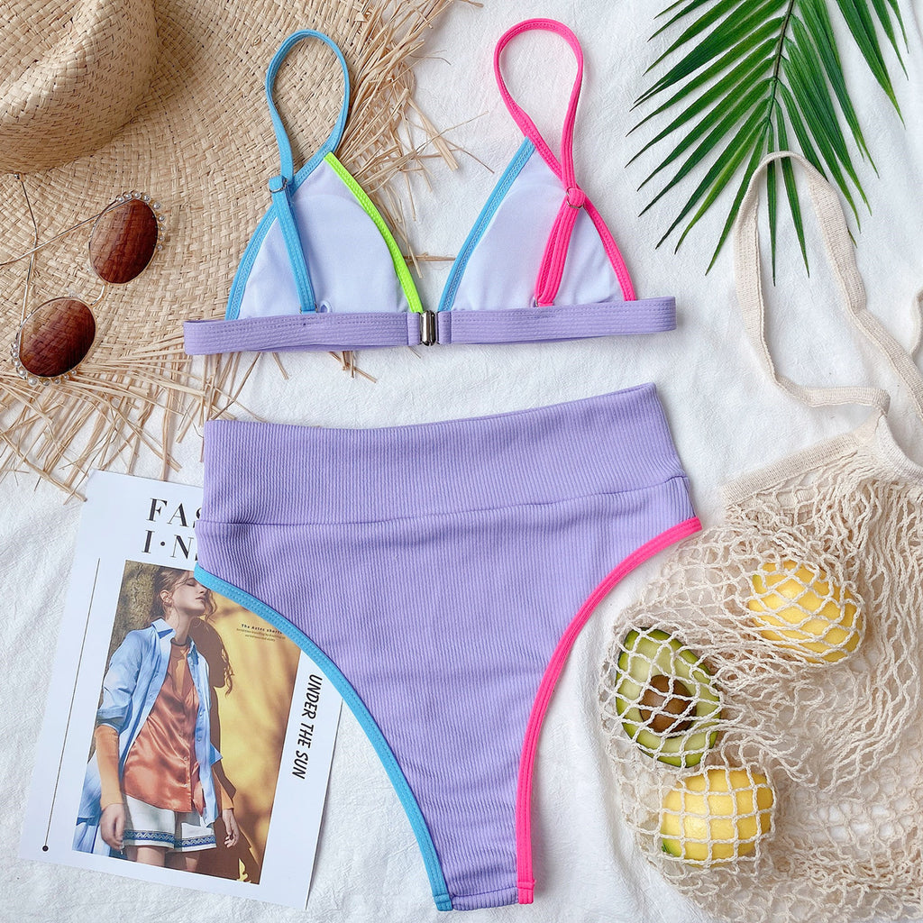 Ribbed High Waist Bikini Set | Neon Contrast Trim Triangle Top