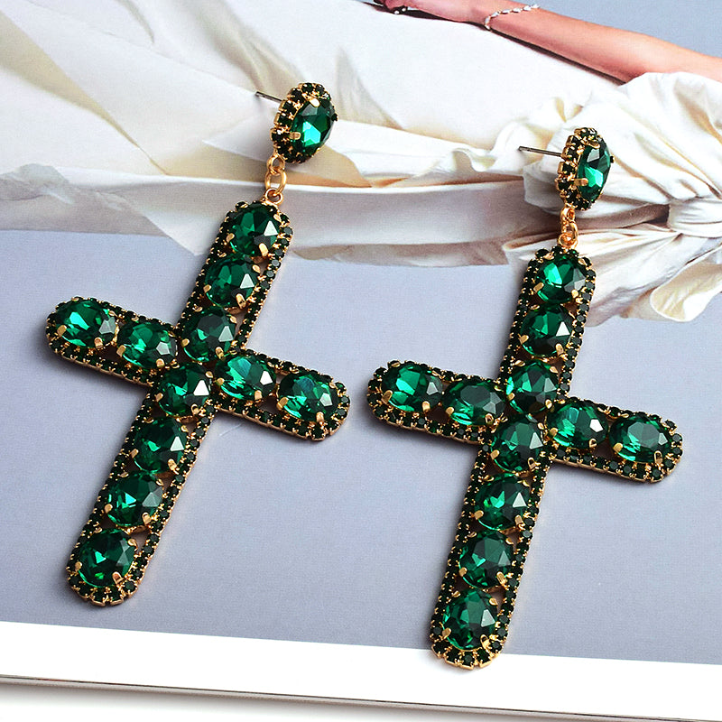 Vintage Cross Crystal Earrings — Colorful Glass Statement