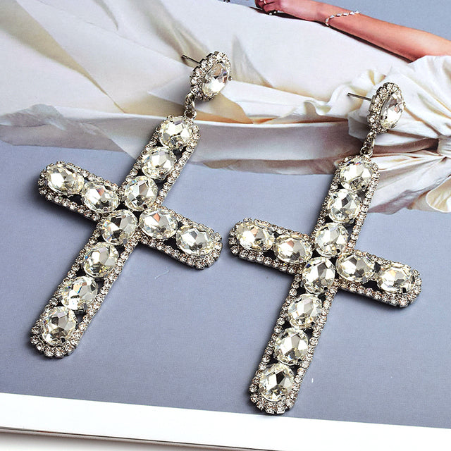Vintage Cross Crystal Earrings — Colorful Glass Statement