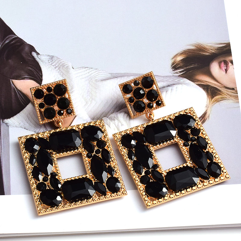 Square Crystal Statement Earrings — Colorful Glass Pendant