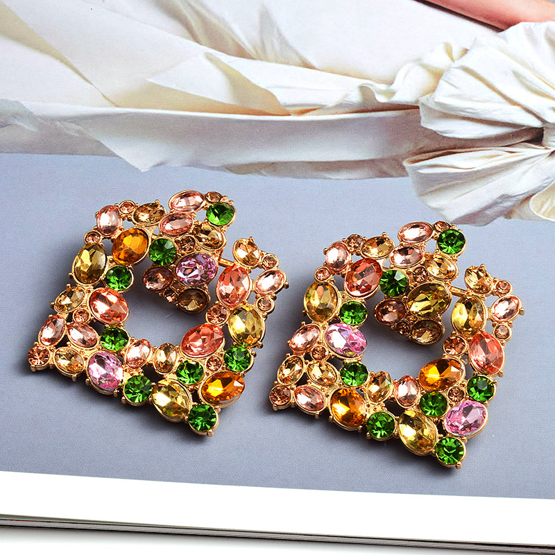 Square Crystal Statement Earrings — Geometric Pendant