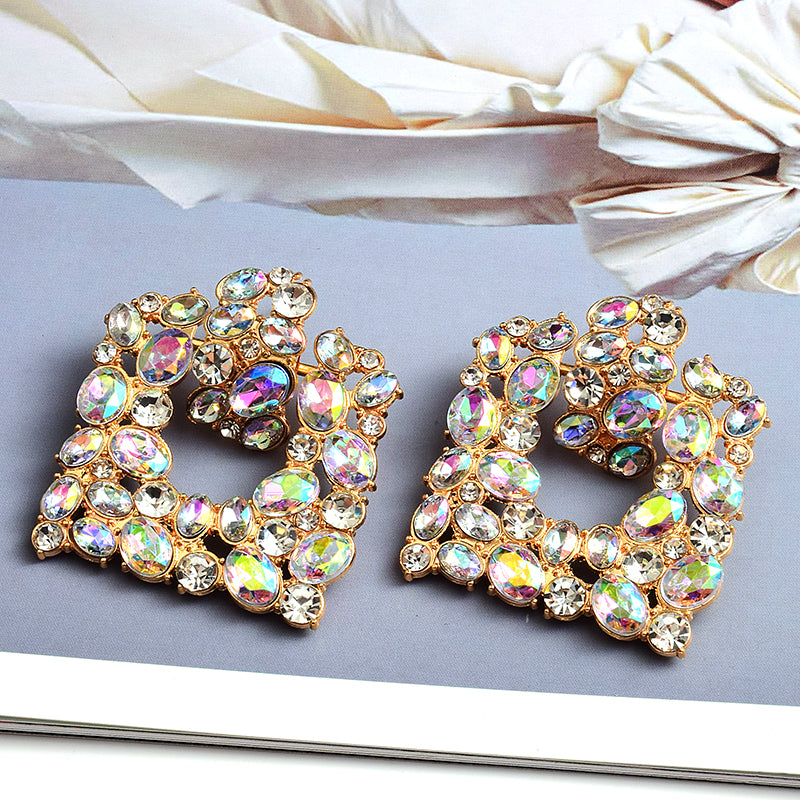 Square Crystal Statement Earrings — Geometric Pendant
