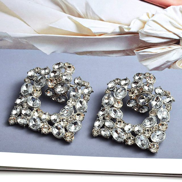 Square Crystal Statement Earrings — Geometric Pendant