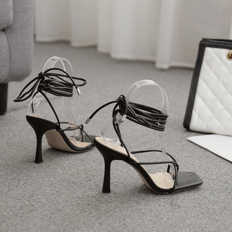 Lace-Up Wrap Stiletto Sandals | Square Toe Cross-Strap Heels