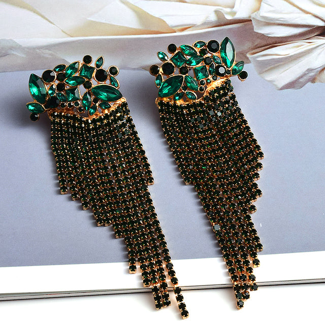 Crystal Floral Cluster Curtain Tassel Earrings | Marquise Rhinestone Chain Drop Earrings