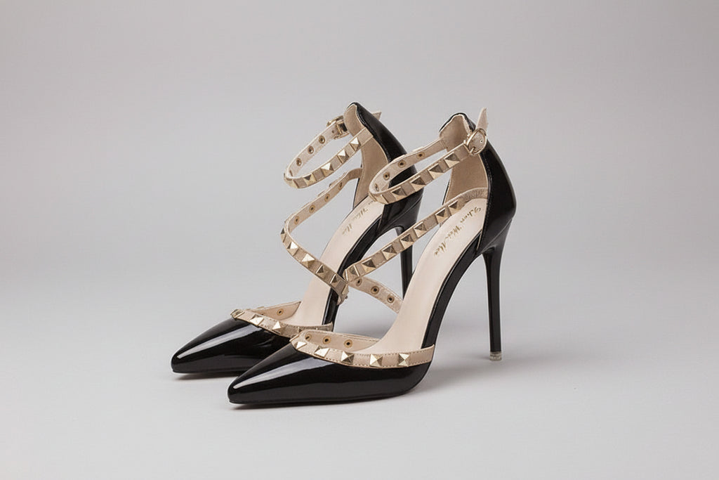 Rivet Ankle Strap Pointed-Toe Pumps | Studded Stiletto Heels