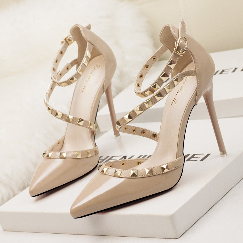 Rivet Ankle Strap Pointed-Toe Pumps | Studded Stiletto Heels