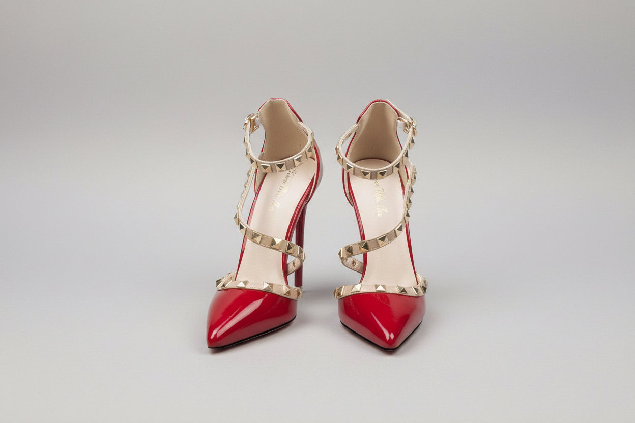 Rivet Ankle Strap Pointed-Toe Pumps | Studded Stiletto Heels