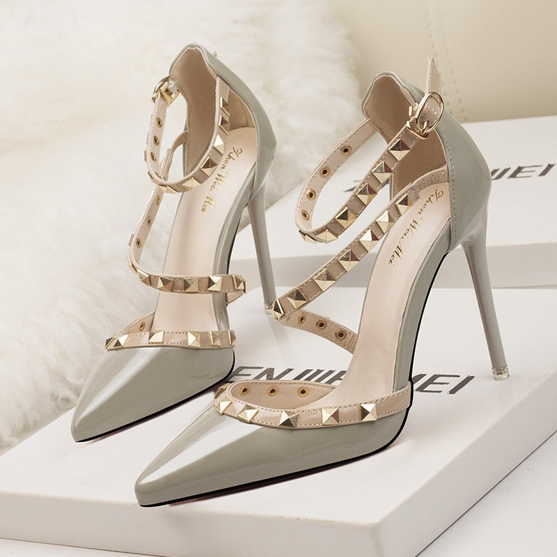 Rivet Ankle Strap Pointed-Toe Pumps | Studded Stiletto Heels