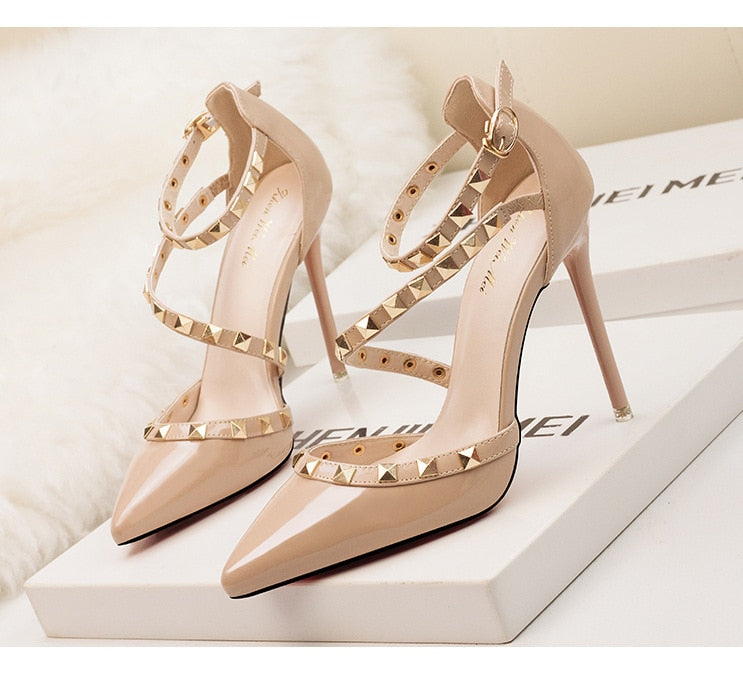 Rivet Ankle Strap Pointed-Toe Pumps | Studded Stiletto Heels