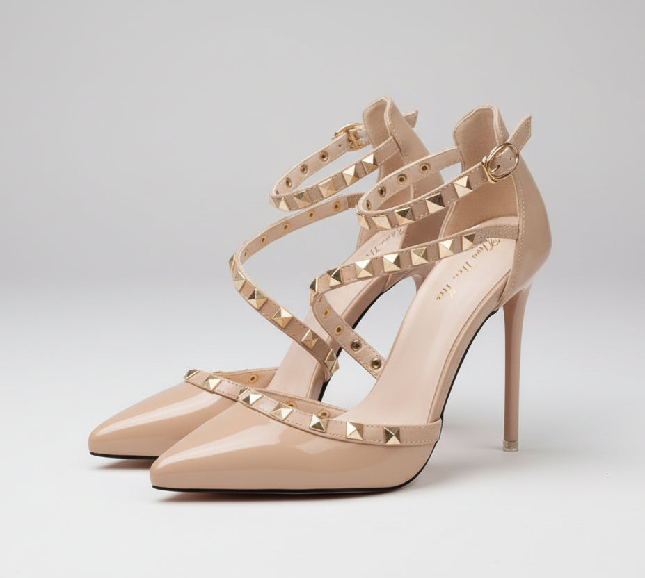 Rivet Ankle Strap Pointed-Toe Pumps | Studded Stiletto Heels