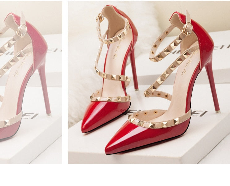 Rivet Ankle Strap Pointed-Toe Pumps | Studded Stiletto Heels
