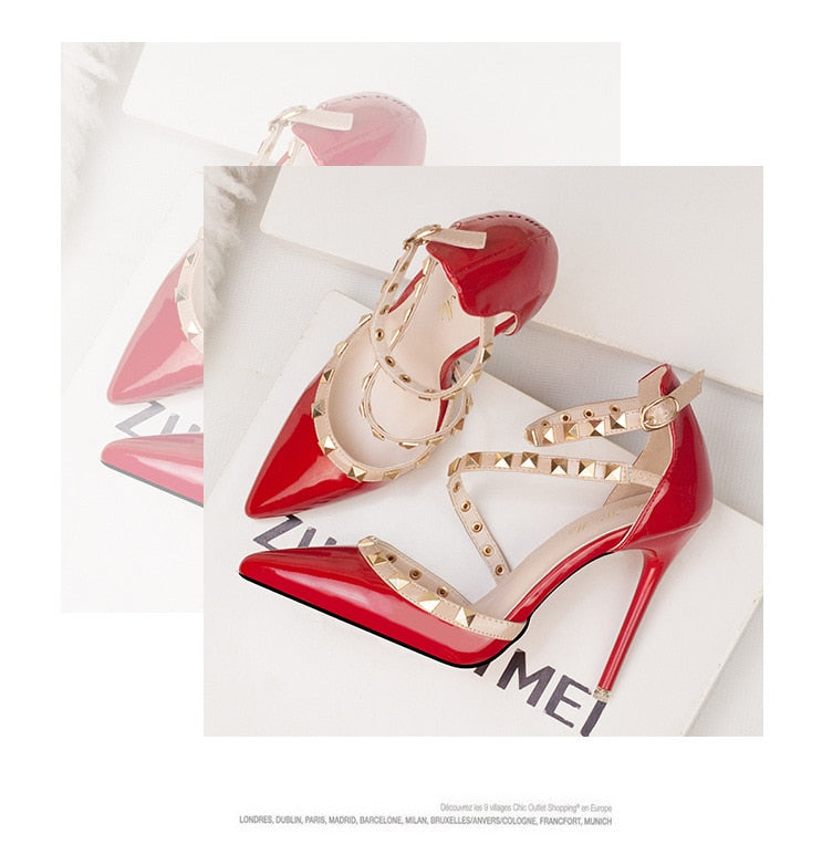 Rivet Ankle Strap Pointed-Toe Pumps | Studded Stiletto Heels