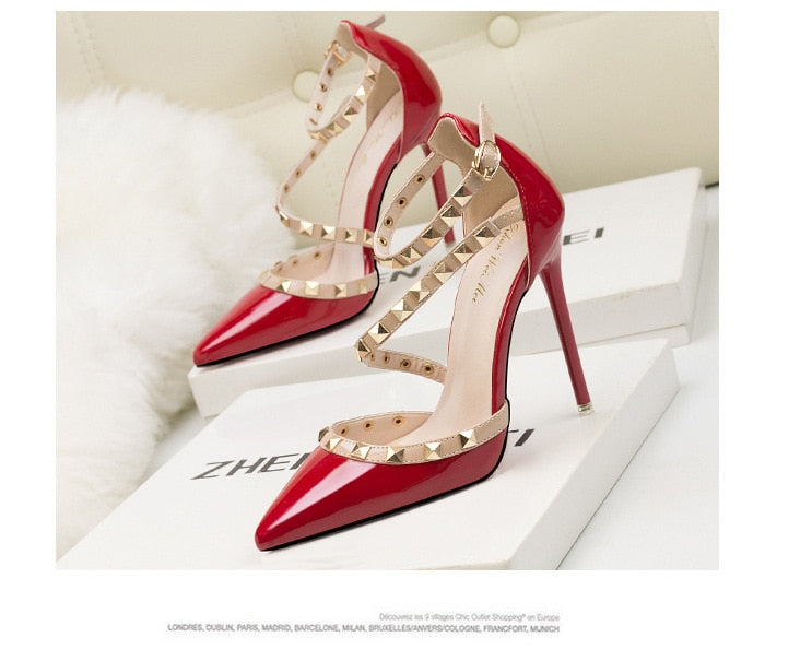 Rivet Ankle Strap Pointed-Toe Pumps | Studded Stiletto Heels