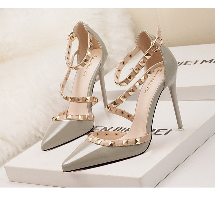 Rivet Ankle Strap Pointed-Toe Pumps | Studded Stiletto Heels